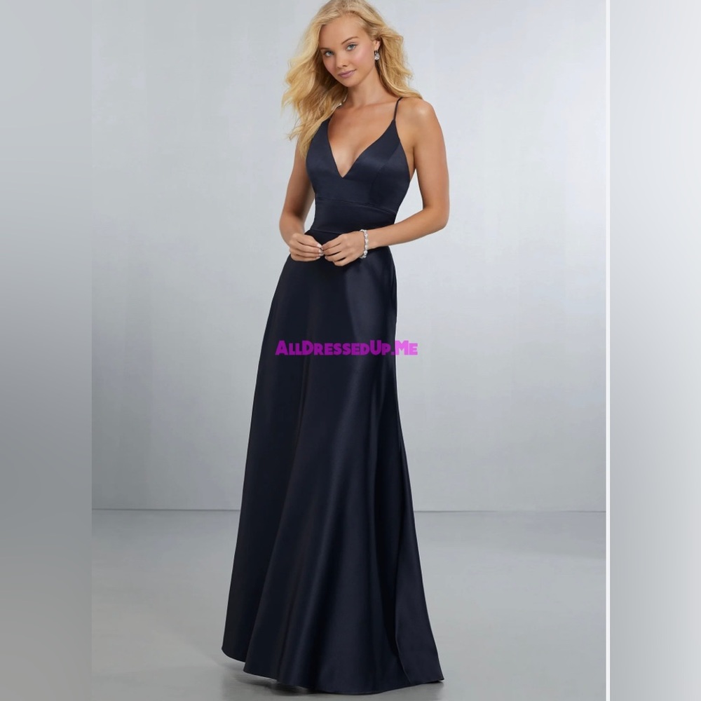 Black Mori Lee Satin formal dress. Deep V neckline, strappy open back, leg slit